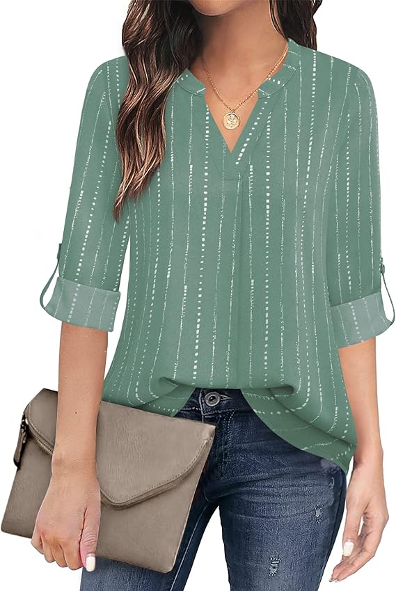 Women's Casual Chiffon V Neck 3/4 Sleeve Blouse Tops