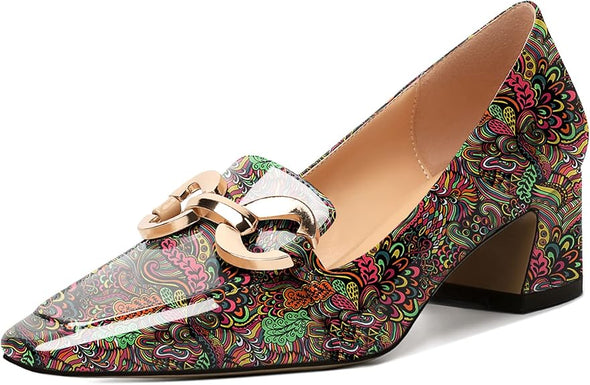 Womens Square Toe Block Heels Mid Chunky Heel Loafer Pumps Slip On Chain Dress Comfortable Prom Shoe