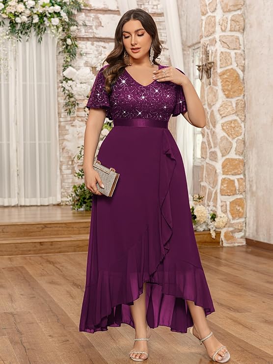 Women's Plus Size V Neck Sequin Lace Butterfly Sleeves Formal Evening Party Long Dress