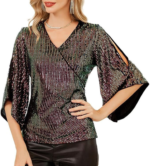 Womens Sequin Tops 3/4 Sleeve Glitter Sparkly Party Blouse V-Neck Dressy Tops for Evening Party