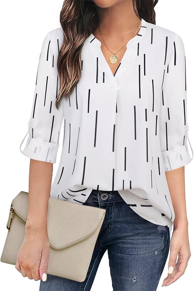 Women's Casual Chiffon V Neck 3/4 Sleeve Blouse Tops