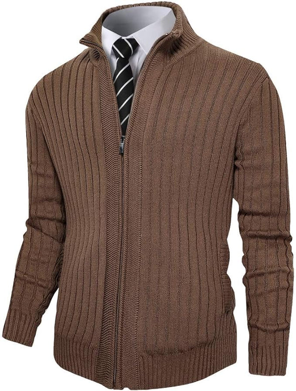 Men's Cardigan Sweaters Full Zip Up Stand Collar Slim Fit Casual Knitted Sweater with 2 Front Pockets