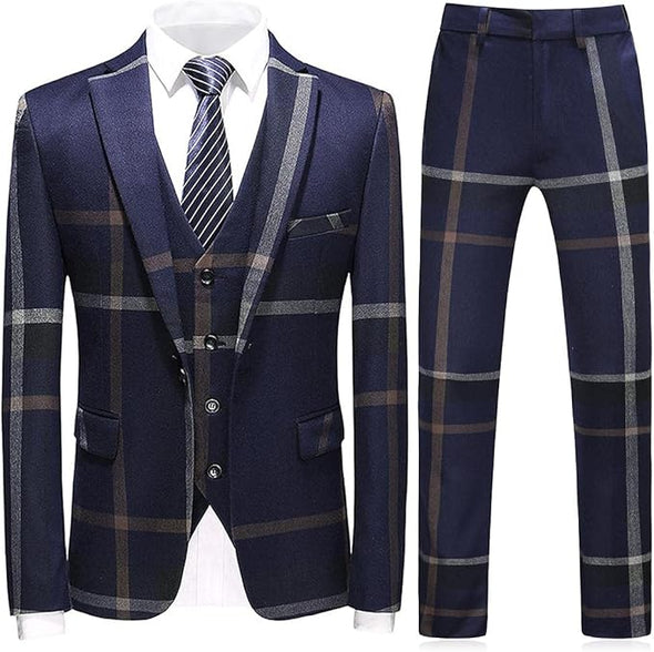 Mens Suits 3 Piece Check Plaid Suit Single Breasted One Button suits