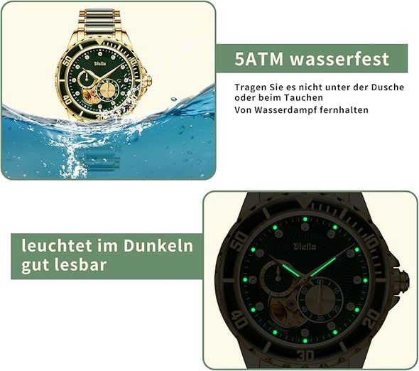 Diella Men's Automatic Mechanical Wrist Watches, Luxury Skeleton Watches for Men with Black Green Jade & Steel Strap