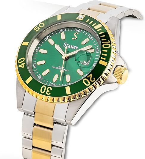 Stauer Watch for Men – Green-Dial Analog Watch w/Two-Tone Stainless Steel Bracelet – 20 ATM Waterproof & Precision Movement Watch