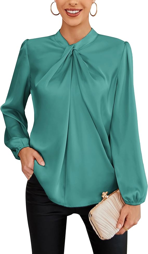 Women's Long Lantern Sleeve Shirts Mock Neck Solid Casual Blouse Tops