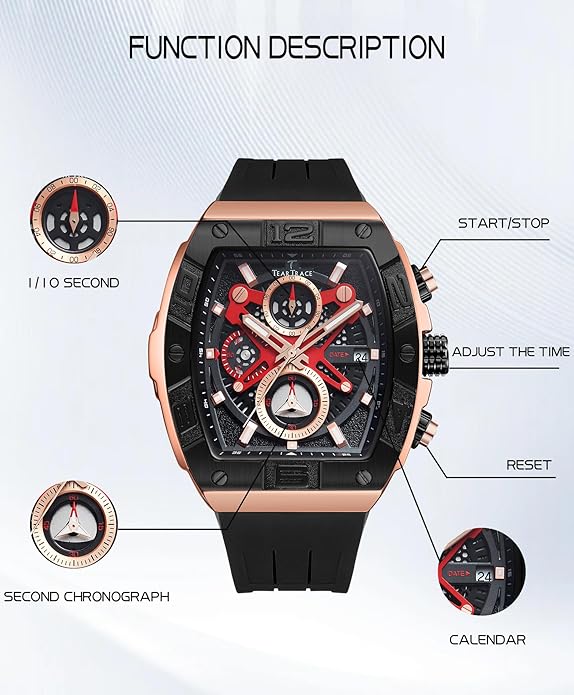 Men's Watch Analog Waterproof Fashion Date Wrist Watch, Skeleton Tonneau Watch for Men with Chronograph,Ideal for Sports Enthusiasts