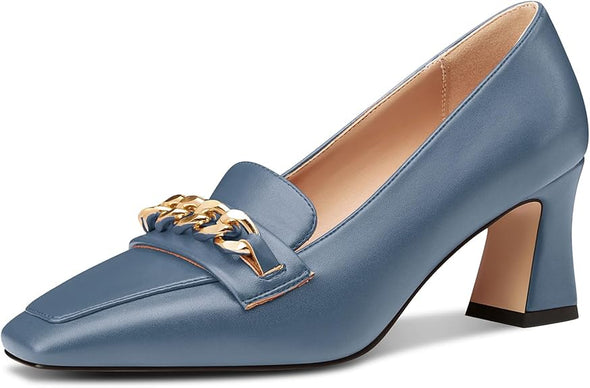 Women Mid Chunky Block Loafers Close Square Toe Slip-on Pumps with Metal Chain Work Casual Pumps 2.8 Inches Heels