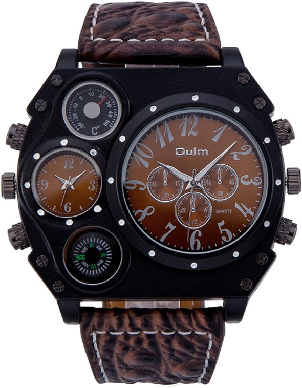 Men's Watch Oversize Steampunk Dual Time Zone Four Dial Big Face Watches Soft Leather Band Policy Army Compass Thermometer Decorative Dial Cool Wrist Watch