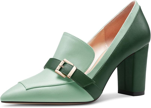 Womens Chunky Block Mid Heel Pointed Toe Pumps Slip-on Buckle Office Basic Classic Summer 3.2 Inches Shoes