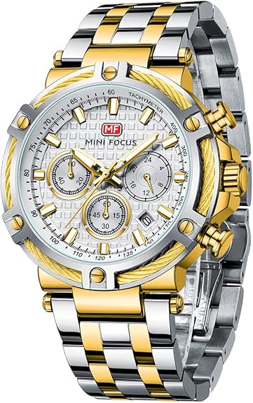 Business Men Watches (Chronograph/Waterproof/Luminous/Calendar/24 Hours) Big Face Stainless Steel Band Watches for Men