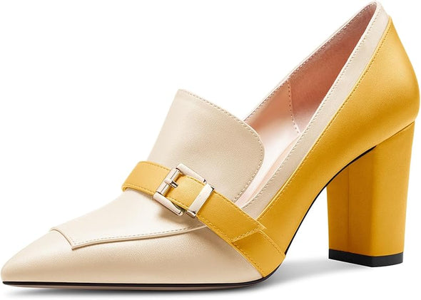 Womens Chunky Block Mid Heel Pointed Toe Pumps Slip-on Buckle Office Basic Classic Summer 3.2 Inches Shoes