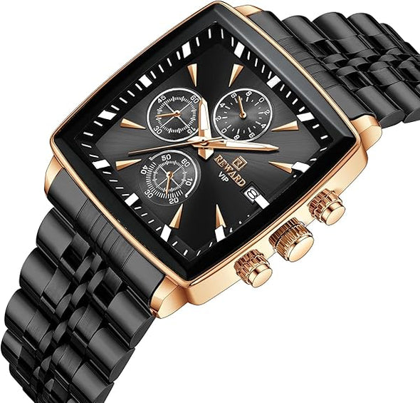 Quartz Watch for Men Business Square Face Waterproof Wrist Watches Chronograph, Luminous - Gold Black