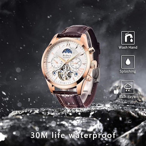 Men's Leather Watch Luxury Automatic Mechanical Moon Phrase Skeleton Luminous Waterproof Hands Automatic Self-Wind Leather/Stainless Steel Wrist Watch
