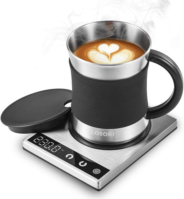 Coffee Mug Warmer & Mug Set for Desk, Cup Heater, Office & Christmas Gifts, 1°F Precise Temperature Control, Touch Tech & LCD Digital Display (77-194℉), 304 Stainless Steel, Silver/Black