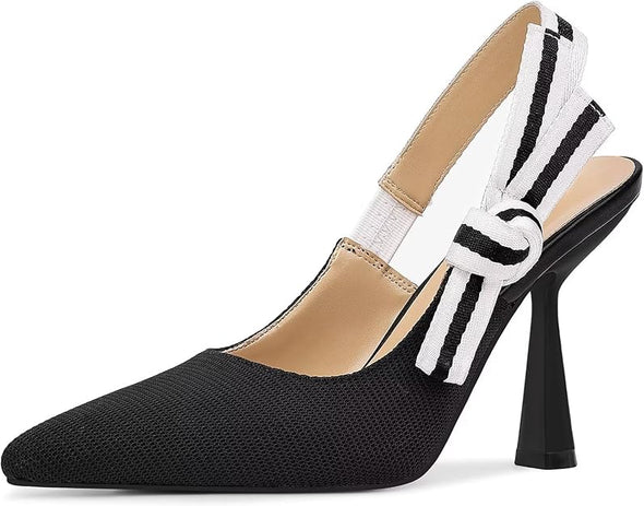 Slingback Heels for Women Closed Pointed Toe High Heels Bowknot Knitted Dress Work Wedding Pumps Shoes