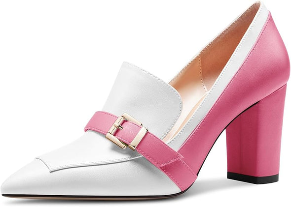 Womens Chunky Block Mid Heel Pointed Toe Pumps Slip-on Buckle Office Basic Classic Summer 3.2 Inches Shoes