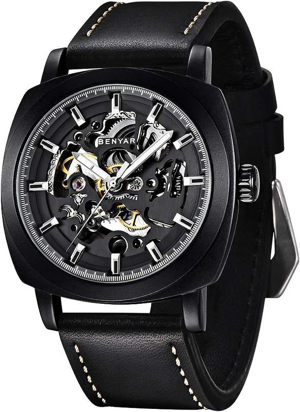 Automatic Watches for Men | Skeleton Mechanical Leather Strap Mens Watch | 45mm Dial | 30M Waterproof | Men's Stylish Gift