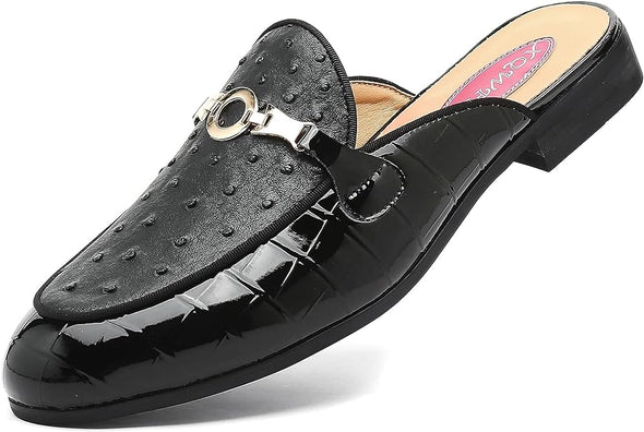Men's Slip-on Mule Sandals Loafer with Gold Buckle,Fashion Leather Formal Wear Casual Backless Dress Slippers