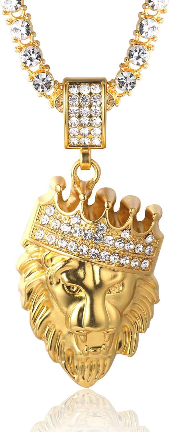 Gold Chain for Men Necklace 18k Real Gold Plated Fully Iced Out Crown Lion Pendant Lab Diamonds Prong Set with Sharktail Chain 30",Designed Goldfoil Giftbox