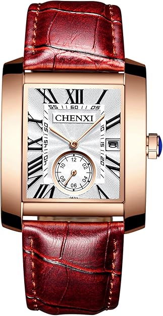 Retro Men Square Watch Quartz Calendar Leather Watch Independent Second Dial Dress Wrist Watch for Men Black Blue Brown