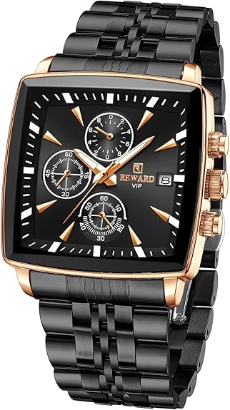 Quartz Watch for Men Business Square Face Waterproof Wrist Watches Chronograph, Luminous - Gold Black