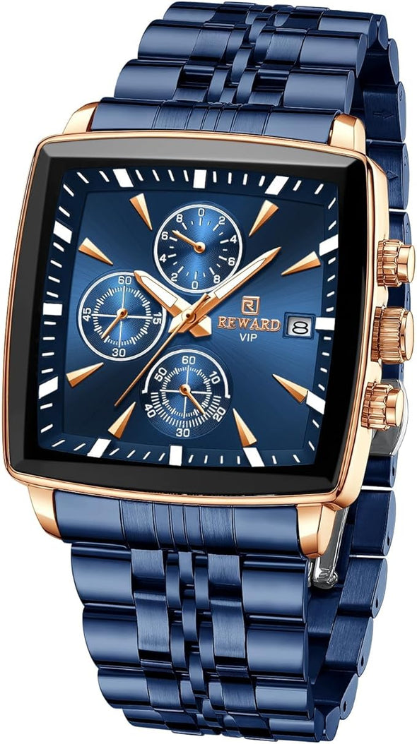 Man Watches Luxury Fashion Analog Quartz Watch for Men Classic Big Square Face Sport Chronograph Waterproof Luminous Date Stainless Steel Business Mens Wristwatch Black/Silver/Blue Dial
