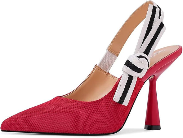 Slingback Heels for Women Closed Pointed Toe High Heels Bowknot Knitted Dress Work Wedding Pumps Shoes