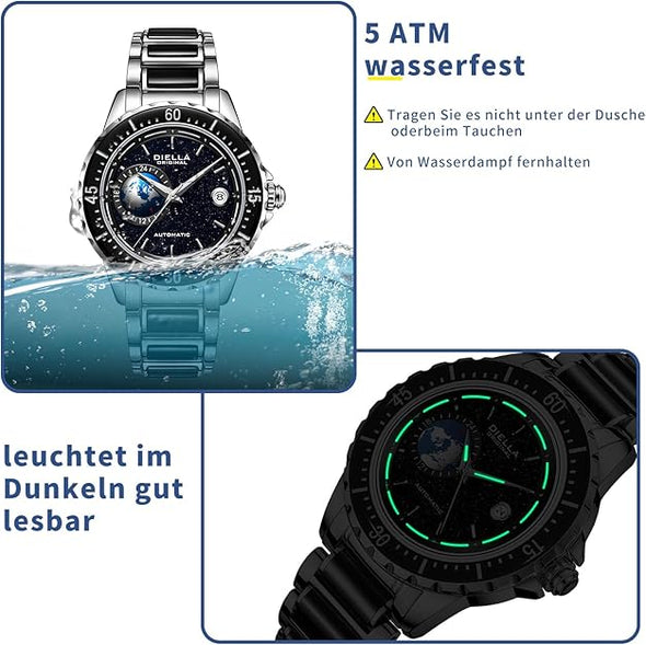 Diella Automatic Watches for Men, Luxury Black Jade Men's Dress Wrist Watch, Self Winding Mechanical Gold Stainless Steel Case Watch with Date, Luminous Starry Sky Globe