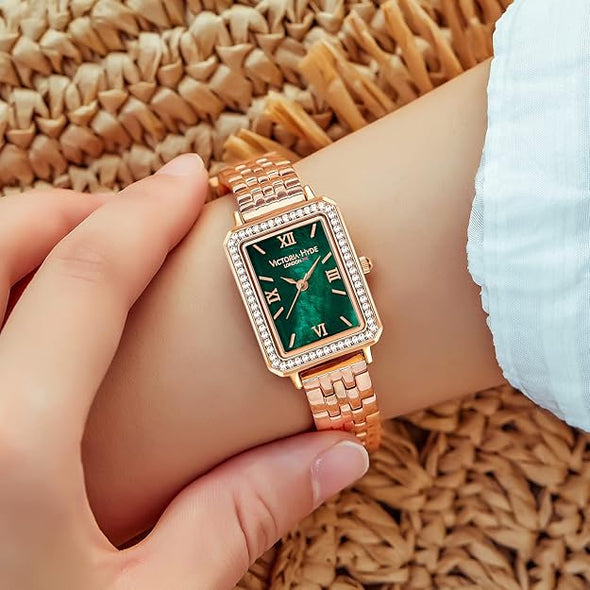 VICTORIA HYDE Gorgeous Green Women's Watch, Rectangular Rose Gold Watches for Women