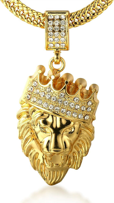 Gold Chain for Men Necklace 18k Real Gold Plated Fully Iced Out Crown Lion Pendant Lab Diamonds Prong Set with Sharktail Chain 30",Designed Goldfoil Giftbox