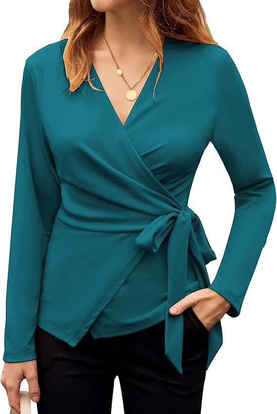 Women's Wrap V Neck Blouses Dressy Casual Long Sleeve Shirts
