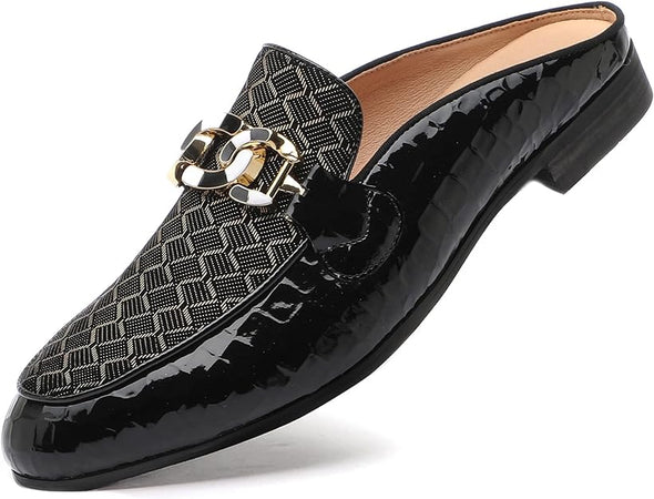 Men's Slip-on Mule Sandals Loafer with Gold Buckle,Fashion Leather Formal Wear Casual Backless Dress Slippers