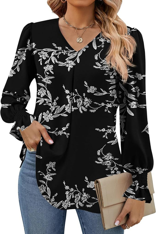 Women's 2024 Long Sleeve Tops Dressy Casual V Neck Tunic Shirts Loose Chiffon Work Blouse