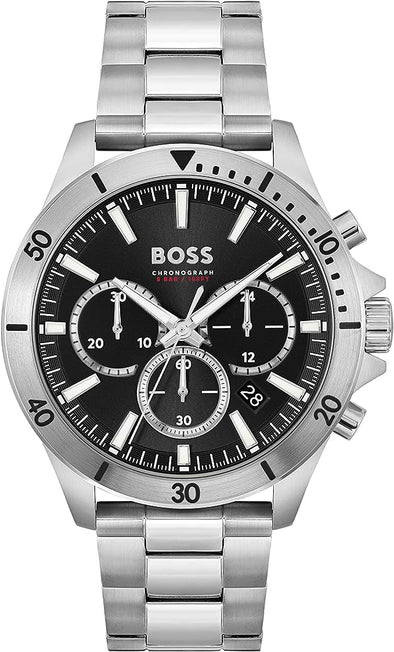 BOSS Troper Men's Chronograph Stainless Steel Case and Link Bracelet Watch, Color: Silver