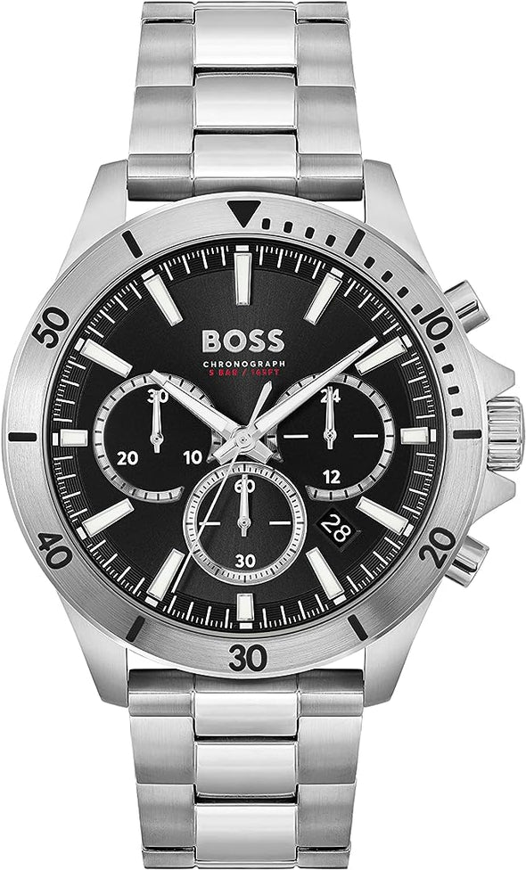 BOSS Troper Men's Chronograph Stainless Steel Case and Link Bracelet Watch, Color: Silver