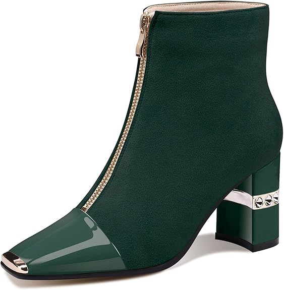Ankle Booties Block Heeled Winter Autumn Suede Short Boots For Women Chunky High Heel Square Toe Front Zipper Boots
