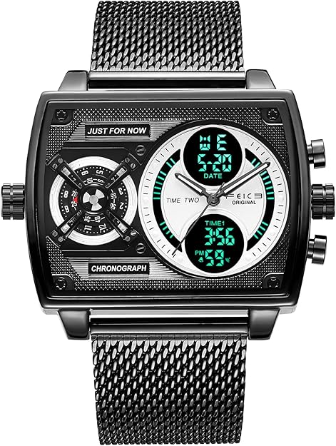 New Multi-Functional Men's Watch Square Large Dial Trendy Fashion Digital & Analog Quartz Watch