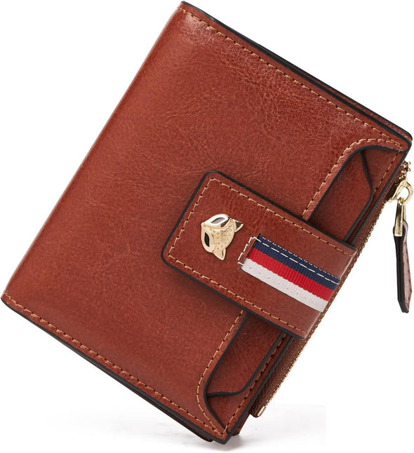 Small Wallets for Women, Cowhide Leather Ladies Cute Zipper Purses Wallet with ID Window Credit Card Holders Gift Box Packing Womens Small Bifold Wallets (Gold)