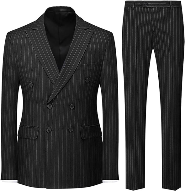 Men's Suits 2 Piece Pinstripe Double Breasted Tuxedo Suit for Men Slim Fit Formal Dress Blazer Jacket Pants