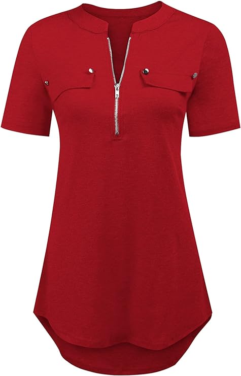 Women's Short Sleeve Zip Flowy Tunic Tops Business Casual Work Office Blouses Shirts