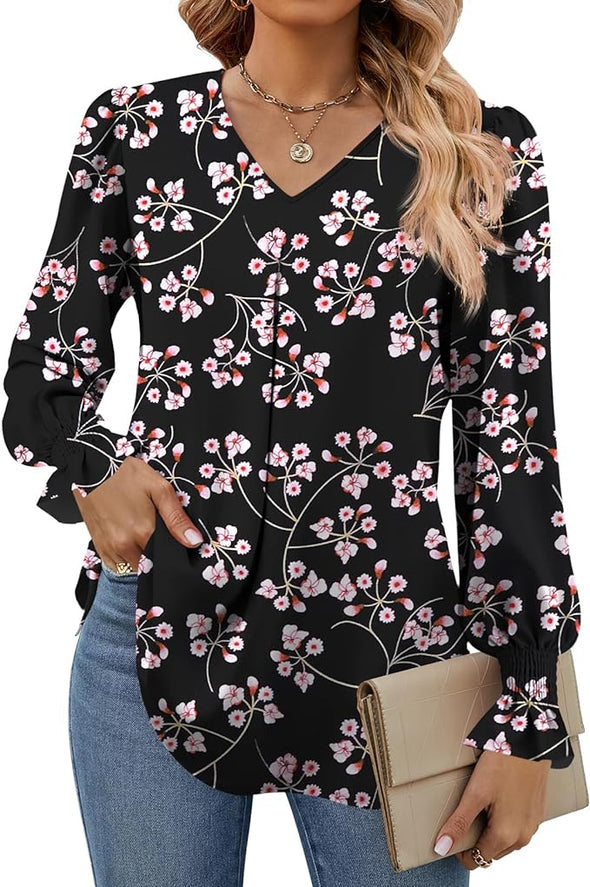 Women's 2024 Long Sleeve Tops Dressy Casual V Neck Tunic Shirts Loose Chiffon Work Blouse