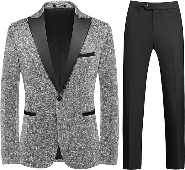 Mens Tuxedo Suits Slim Fit Party Blazer for Men Shiny Dress Coat Jackets Classic Regular Fit 2 Piece Suits Set