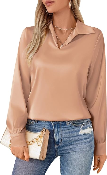 Womens Silky Satin Blouses Collared V Neck Long Sleeve Dress Shirts Business Casual Work Blouse Tops for Women