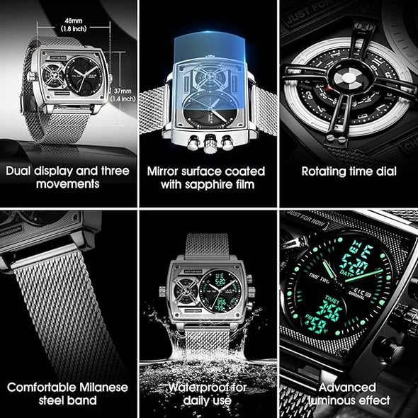 New Multi-Functional Men's Watch Square Large Dial Trendy Fashion Digital & Analog Quartz Watch