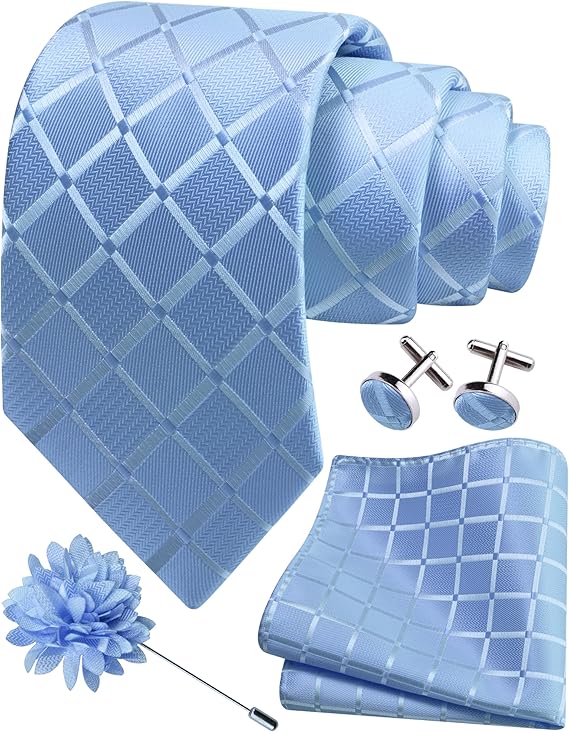 Mens Tie and Lapel Pin Plaid Checkered Necktie Hankerchief Cufflinks Set for Men