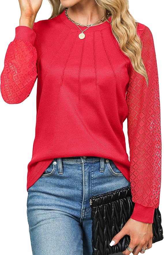Women's Waffle Knit Tops Dressy Business Casual Blouses Lace Long Sleeve Work Shirts Fall Clothes