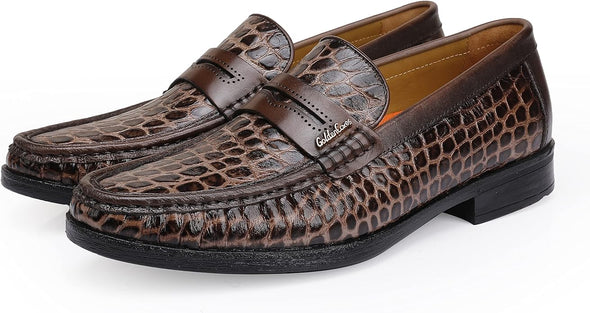 Men's Leather Penny Loafers Formal Dress Shoes Crocodile Printed Soft Slip-On Loafer for Men
