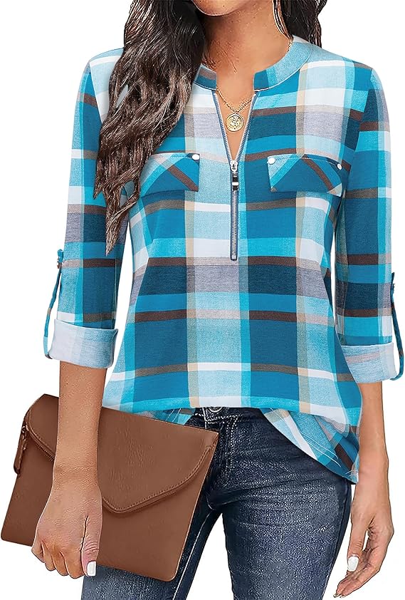 Women's Zip Front V-Neck 3/4 Sleeve Tunic Casual Top