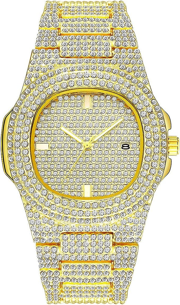 Luxury Mens/Womens Unisex Diamond Watch Bling Iced-Out Watch Oblong Wristwatch Crystal Quartz Watch